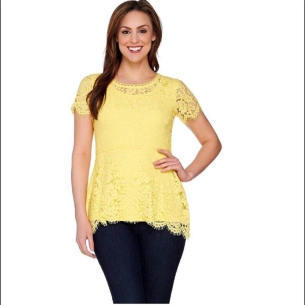 Isaac Mizrahi Floral Lace Short Sleeve Peplum Top Blouse Tunic Lined Lightweight